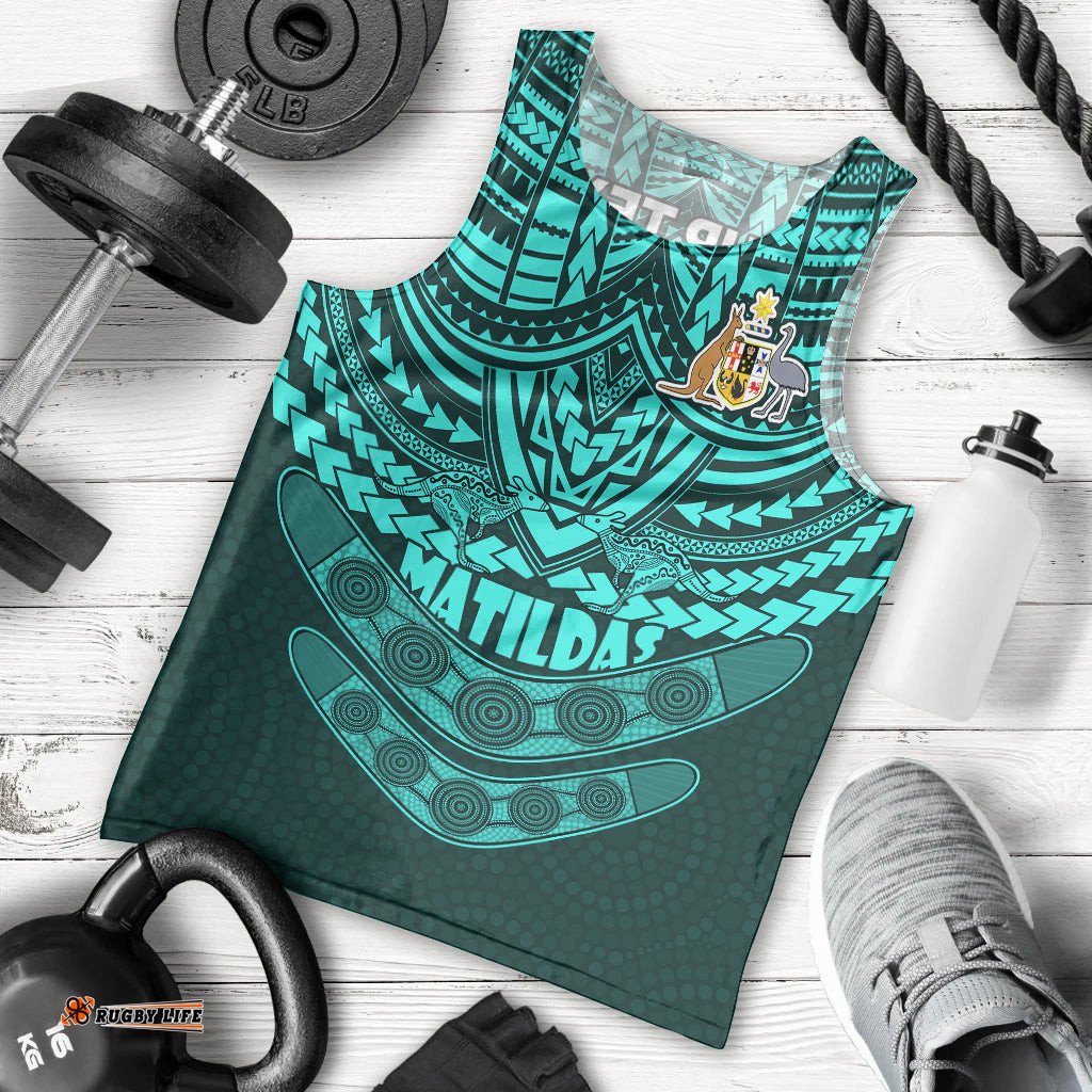 Custom Matildas Soccer Men Tank Top Polynesian and Aboriginal Turquoise Vibe