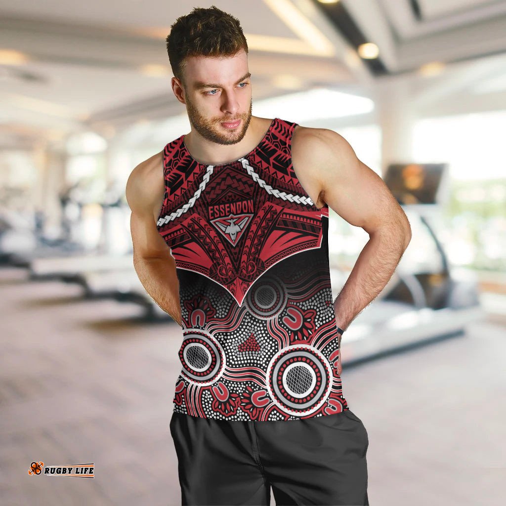 Essendon Football Men Tank Top Bombers Aboriginal Mix Polynesian Pattern