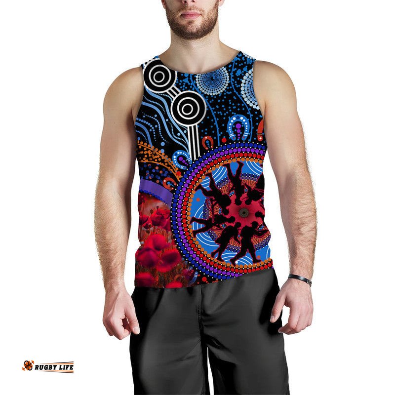 (Custom Personalised) Australia ANZAC Day Men Tank Top Aboriginal Military and Poppy Flowers Style
