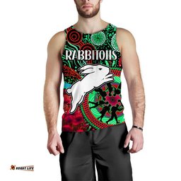 Rabbitohs Rugby ANZAC Men Tank Top Aboriginal Military and Poppy Flowers
