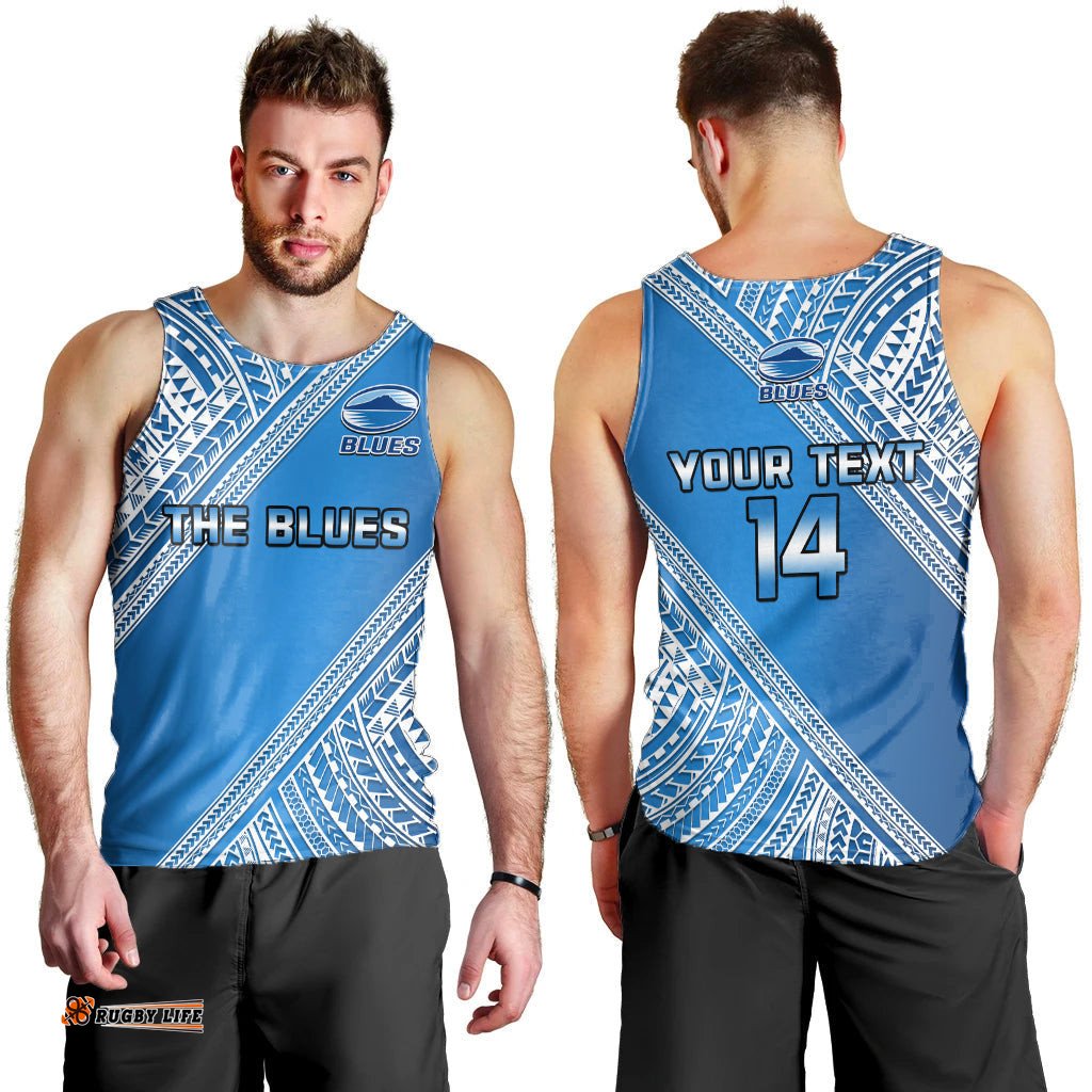 (Custom Text And Number) Blues Rugby Men Tank Top Aotearoa Super Auckland Polynesian Pattern