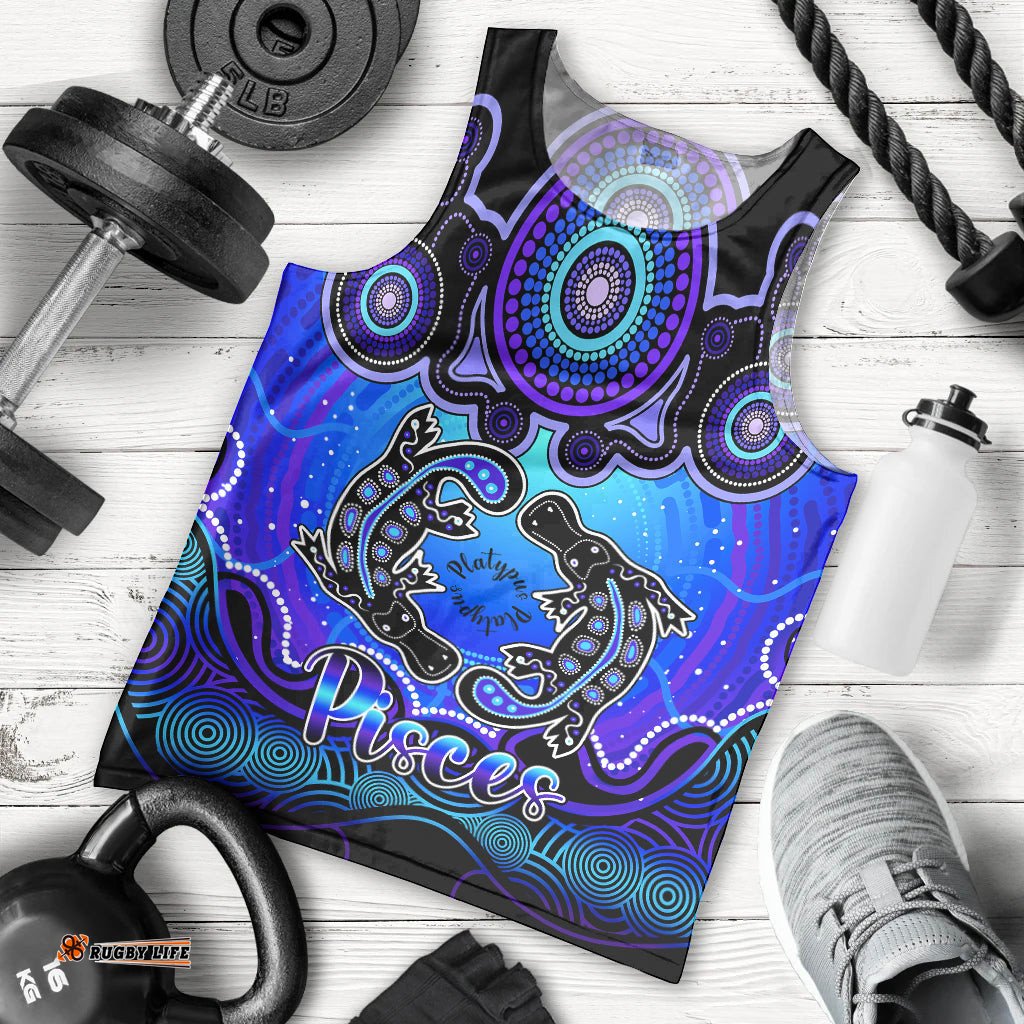 Personalised Australia Pisces  Platypus Zodiac Men Tank Top Auz Astrology Aboriginal - Blue