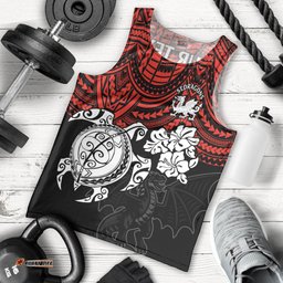 Custom Dragons Rugby Men Tank Top Red V Hibiscus and Turtle With Polynesian Pattern