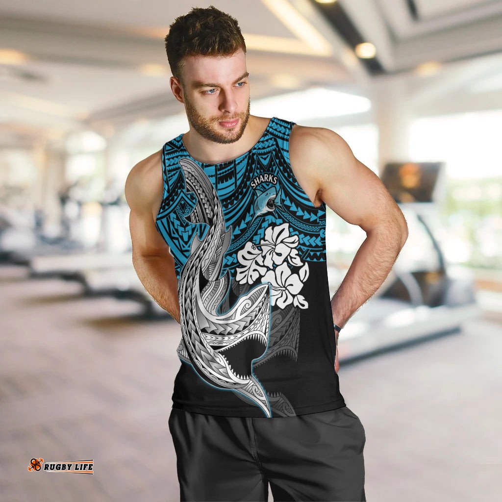 Custom Sharks Rugby Men Tank Top Hibiscus and Sharkies Tattoo With Polynesian Pattern