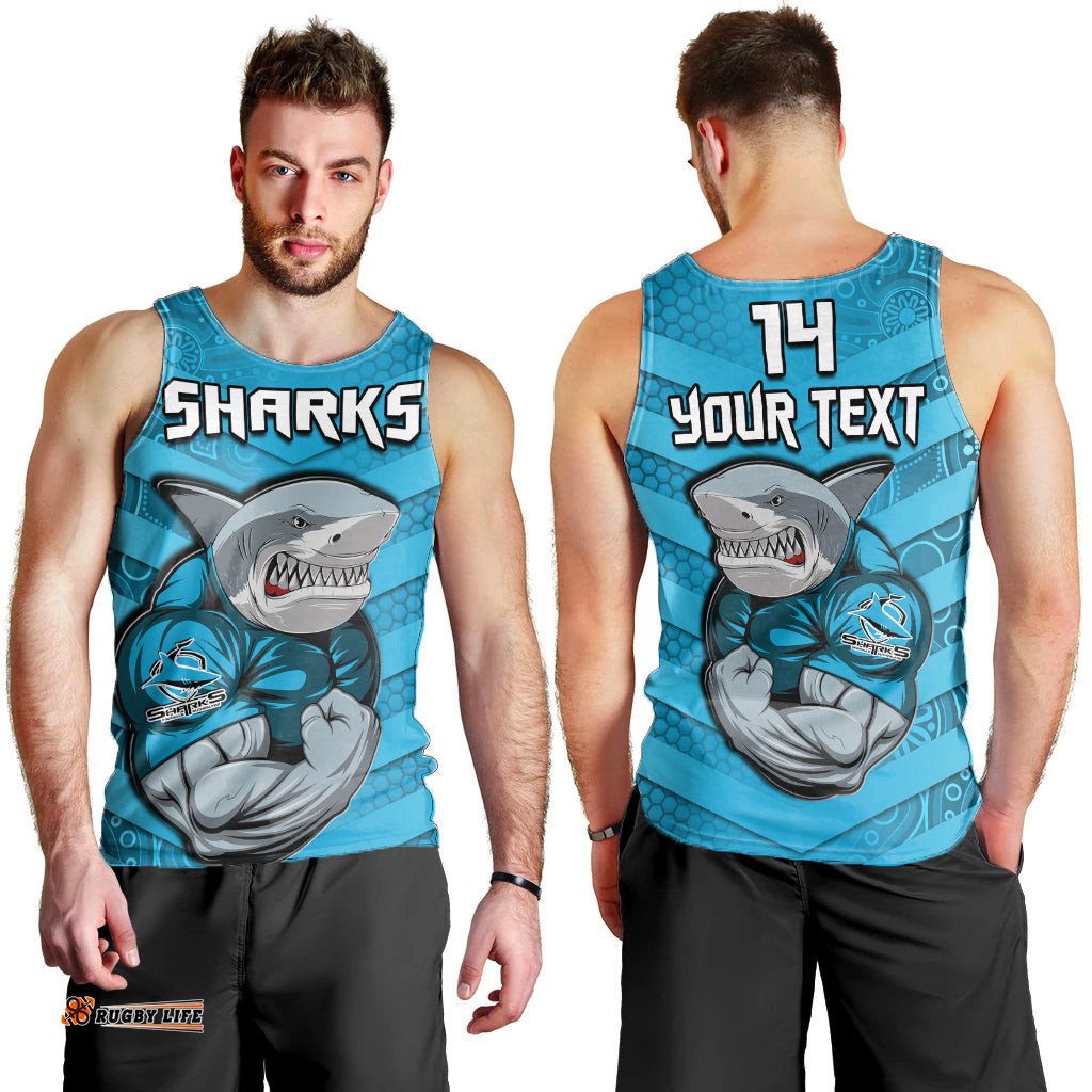 (Custom Text And Number) Sharks Rugby Men Tank Top Go Sharkies Aboriginal Sporty Version