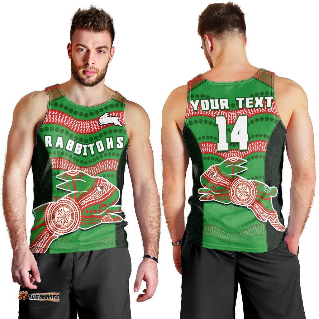 (Custom Text And Number) Rabbitohs Rugby Men Tank Top Souths 1908 Aboriginal Dot Painting Go Bunnies