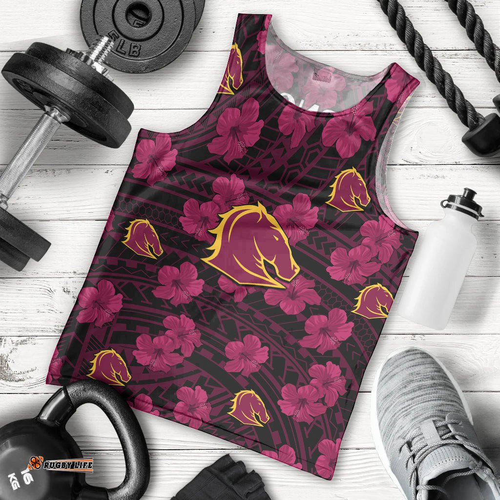 Broncos Rugby Men Tank Top Polynesian Style With Hibiscus