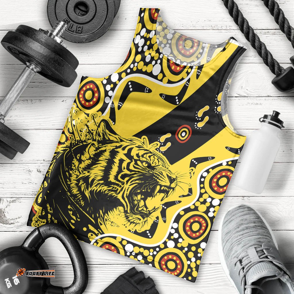 Richmond Tigers Football Men Tank Top Angry Tiger Roaring Aboriginal Boomerang and Dots Art