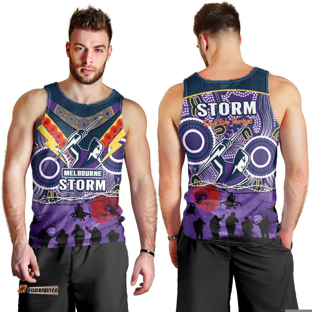 Melbourne Storm Rugby ANZAC Men Tank Top Indigenous Poppy Australian Army