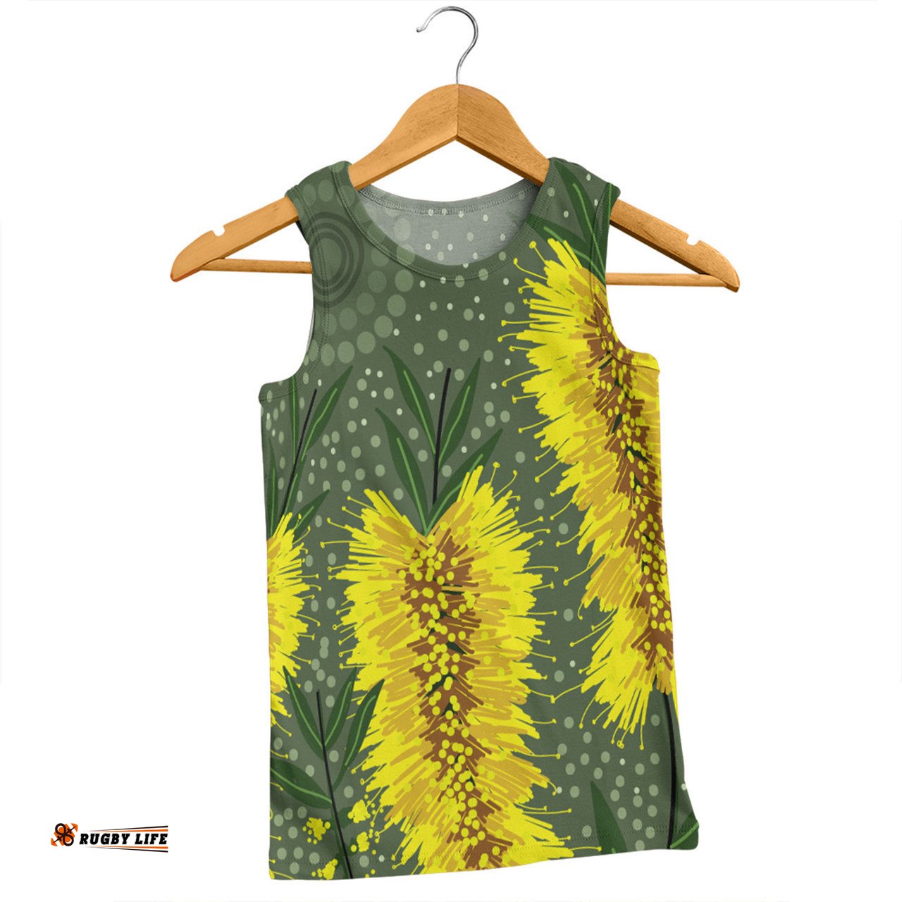 Australia Aboriginal Men Singlet - Yellow Bottle Brush Flora In Aboriginal Painting Men Singlet