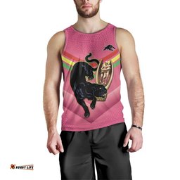 Personalised Panthers Rugby 2024 Men Tank Top Mascot With Trophy Go Champions Aboriginal Art - Pink