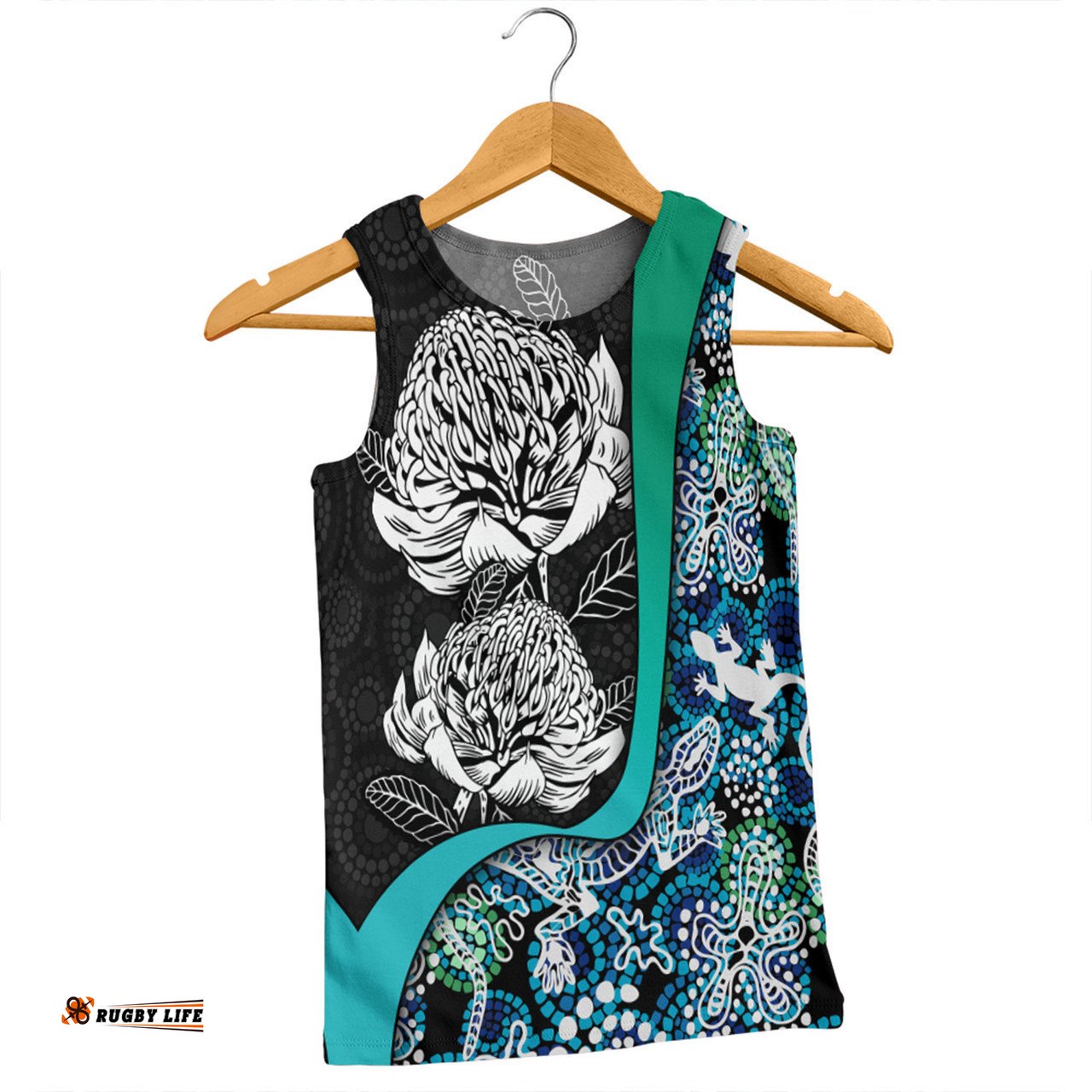 Australia  Warratah Goanna Aboriginal Men Singlet - Waratah Flowers With Blue Lizards, Stones, Sand Dot Art Painting Inspired Men Singlet