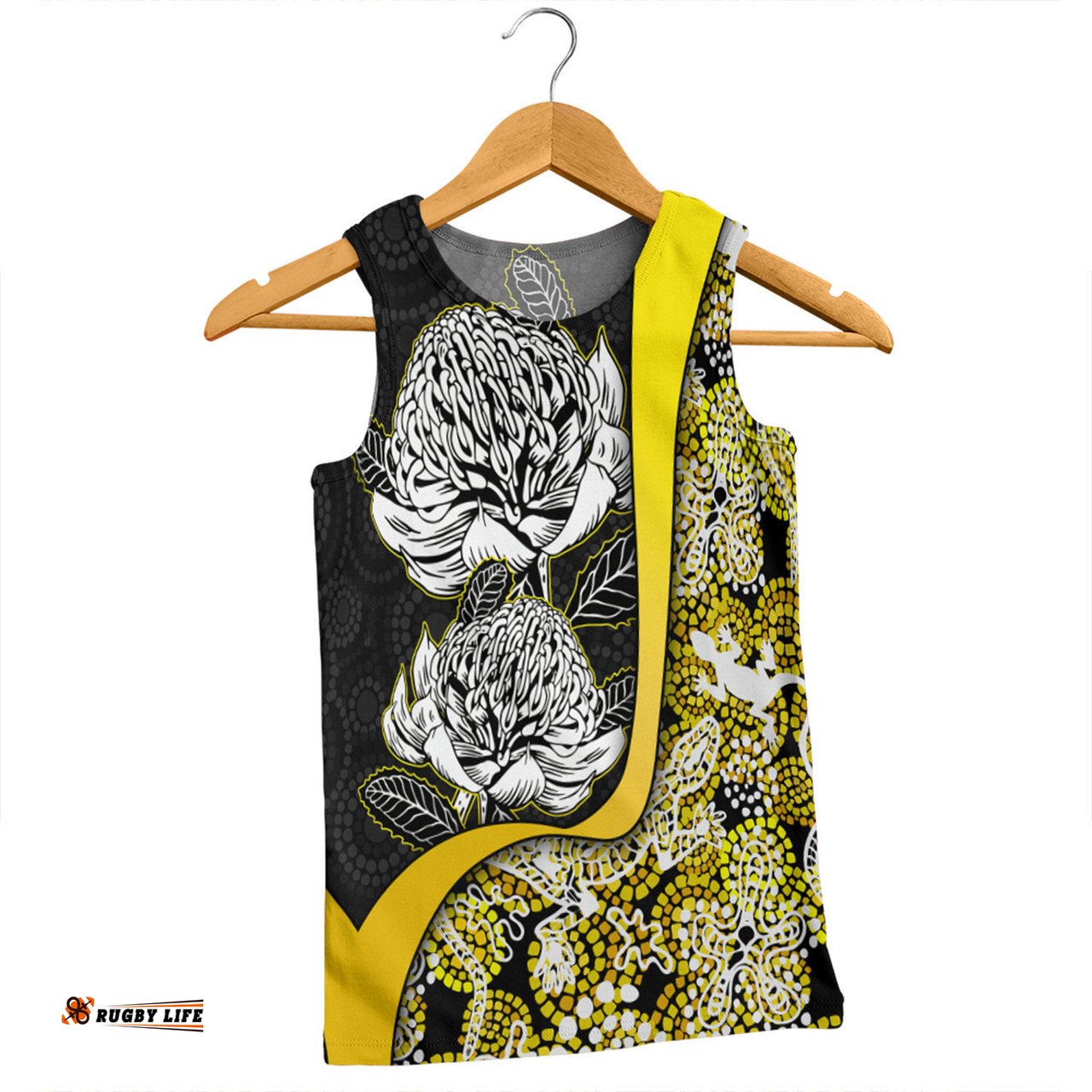 Australia  Warratah Goanna Aboriginal Men Singlet - Waratah Flowers With Yellow Lizards, Stones, Sand Dot Art Painting Inspired Men Singlet