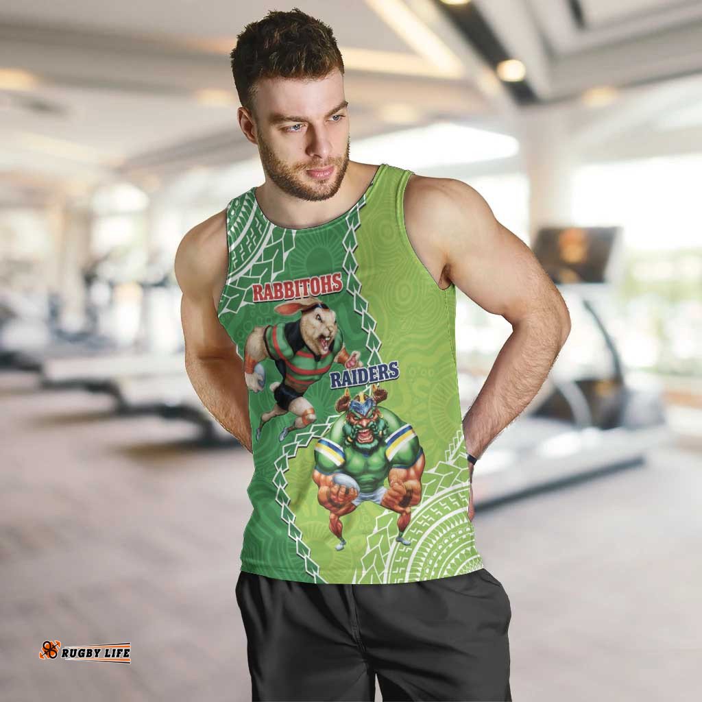 Personalised Rabbitohs And Raiders Rugby Men Tank Top Aboriginal Mix Polynesian Pattern