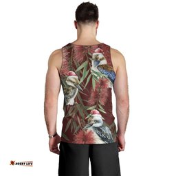Australia Christmas Men Tank Top Kookaburra Santa on Red Bottlebrush