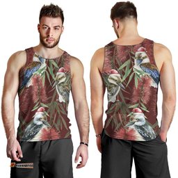 Australia Christmas Men Tank Top Kookaburra Santa on Red Bottlebrush