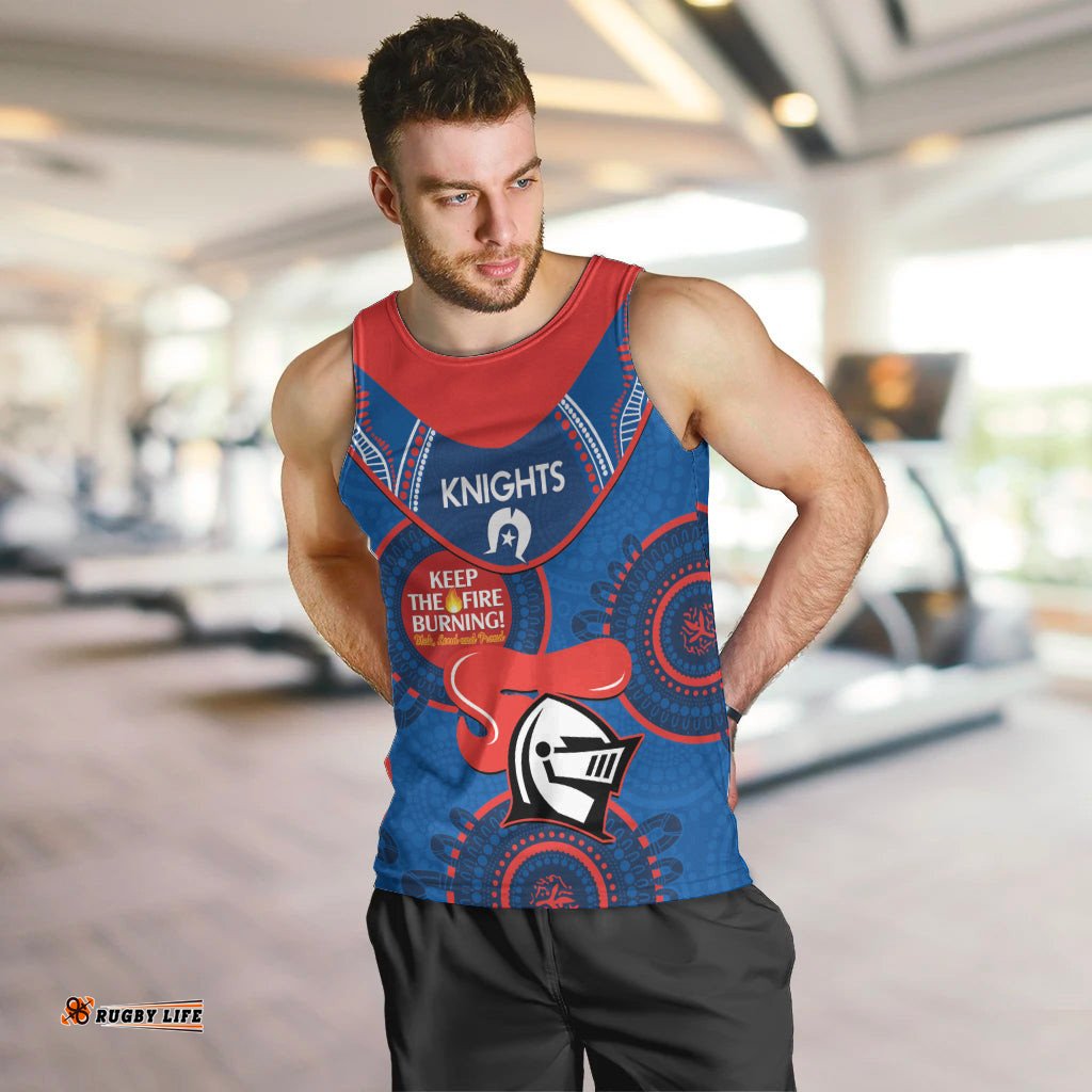Custom NRL Knights NAIDOC Week Men Tank Top Keep The Fire Burning Indigenous Art