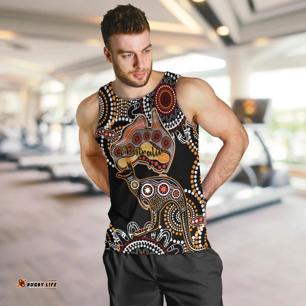 Australia Aboriginal Men Tank Top Australian Map With Kangaroo Indigenous Art