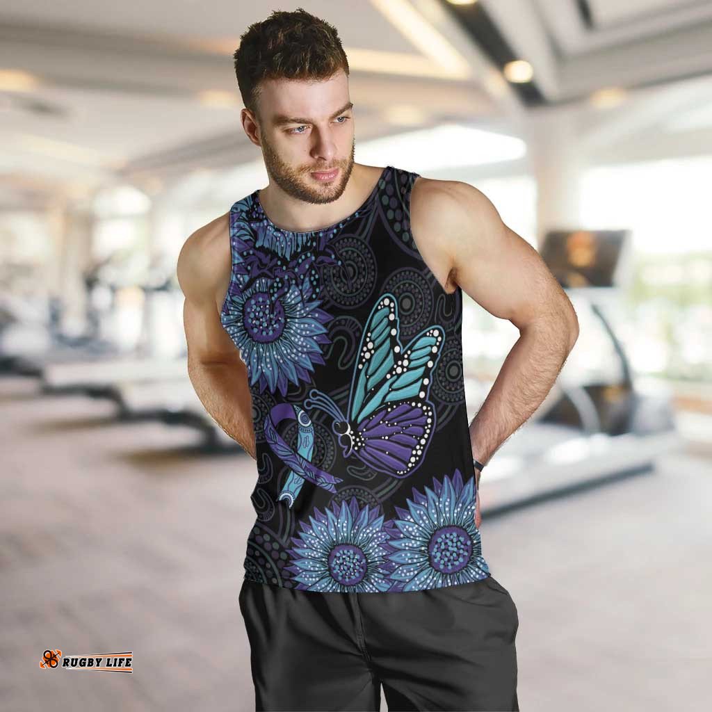 Australia Indigenous Men Tank Top Teal & Purple Sunflower Aboriginal Arts