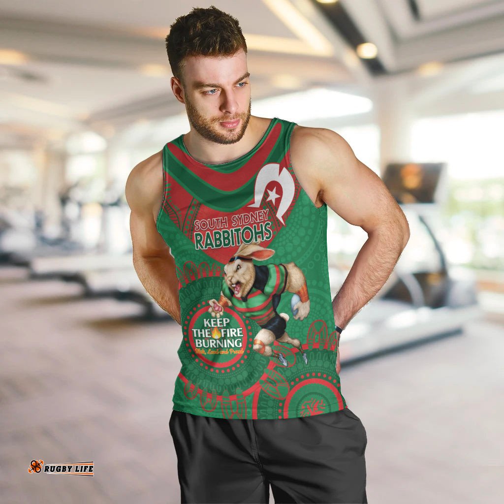 Custom NRL Rabbitohs NAIDOC Week Men Tank Top Keep The Fire Burning Indigenous Art
