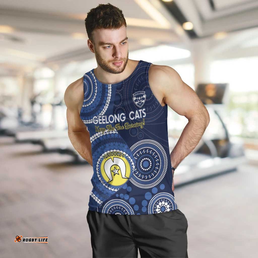 Custom AFL Geelong NAIDOC Week Men Tank Top Keep The Fire Burning Indigenous Art