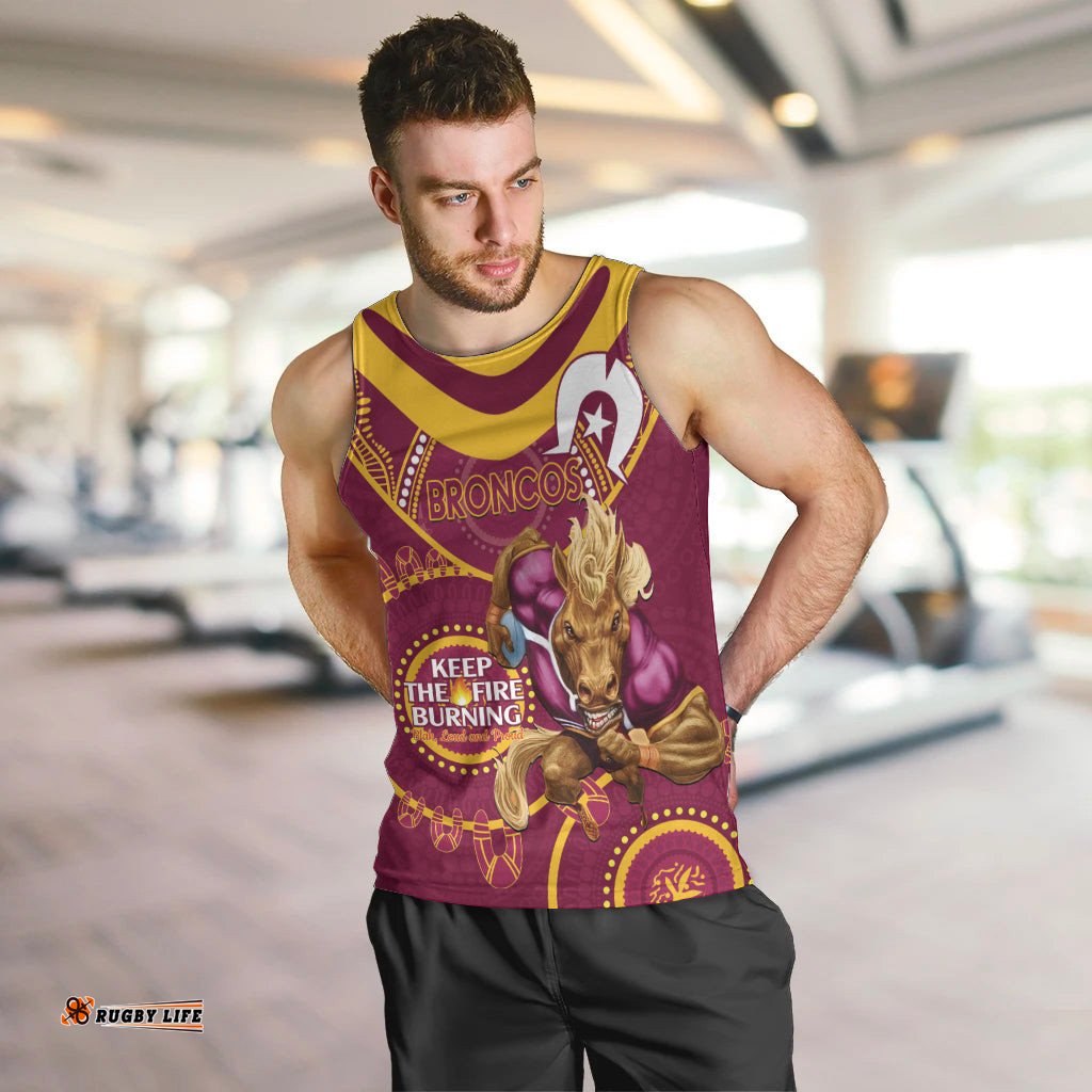 Custom NRL Broncos NAIDOC Week Men Tank Top Keep The Fire Burning Indigenous Art