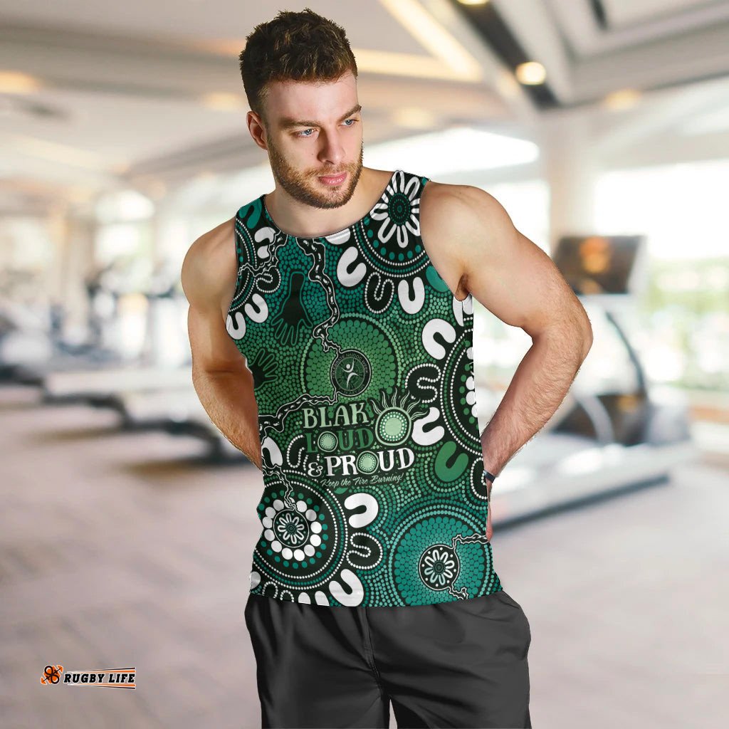 NAIDOC Week 2024 Fire Burning Men Tank Top Aboriginal Dots Green Art