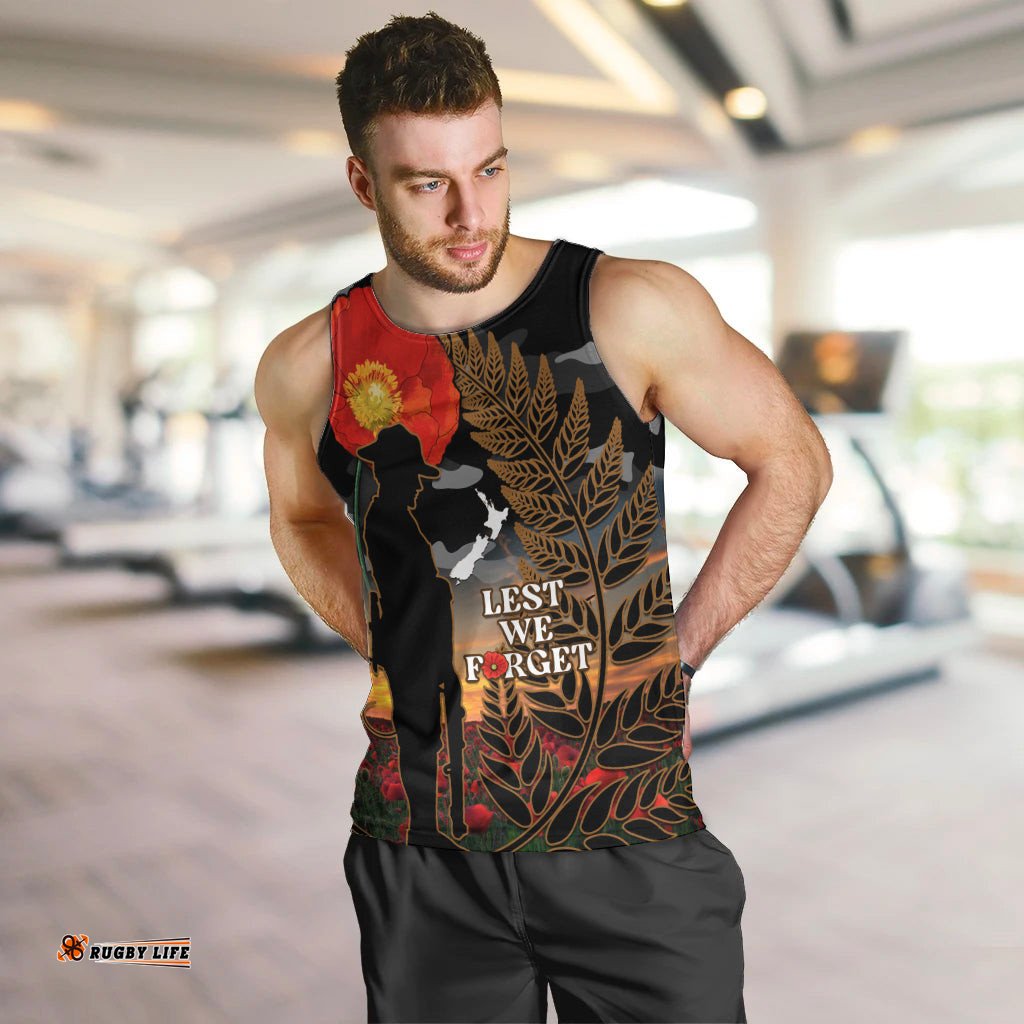 New Zealand ANZAC Day Men Tank Top Lest We Forget Silver Fern With Camouflage