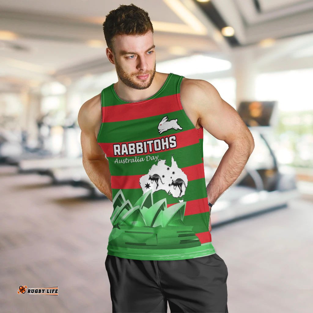 Custom Australia Day Rabbitohs Men Tank Top NRL 2024 Sydney Opera House With Map