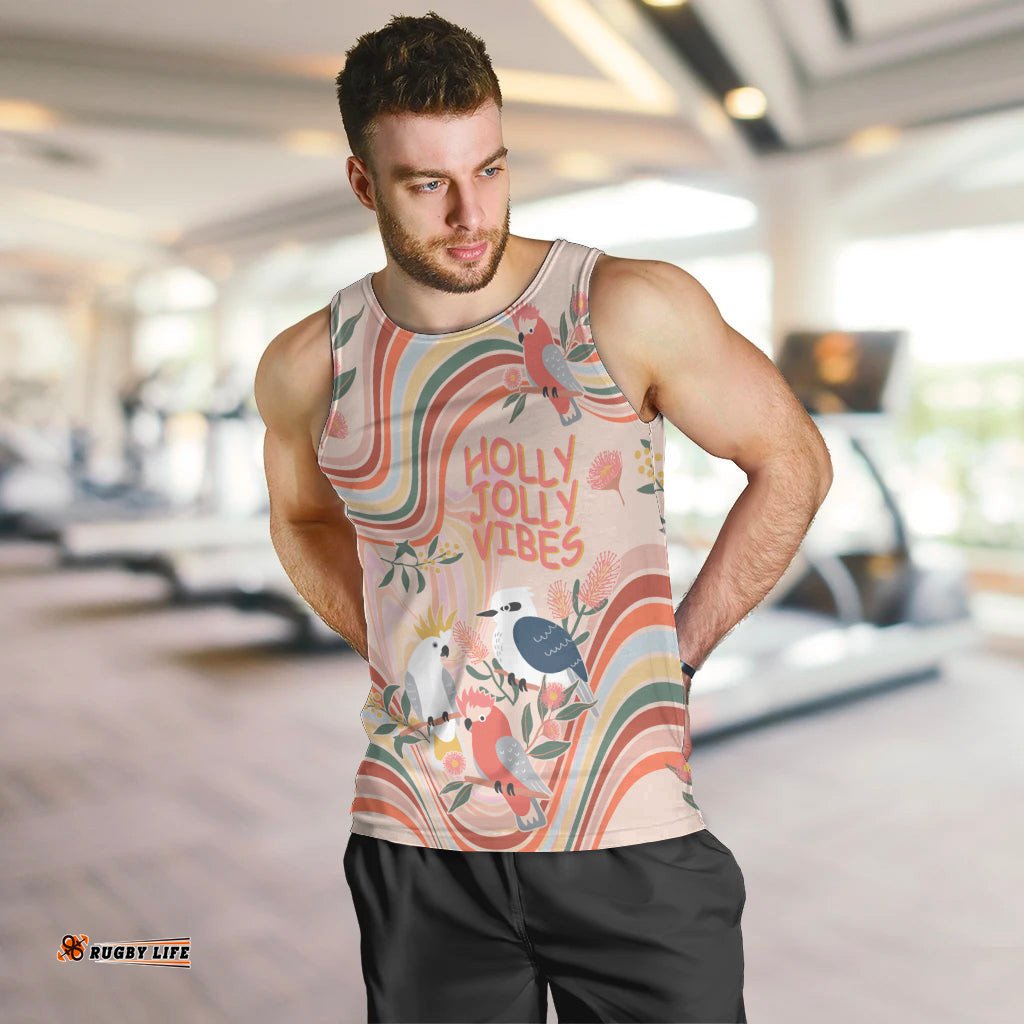 Personalised Australia Hippie Christmas Men Tank Top Cockatoo Kookaburra with Wattle Pink Peach Style