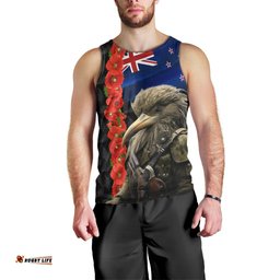 New Zealand Kiwi Soldier ANZAC Men Tank Top Red Poppy Flower and Silver Fern Pattern