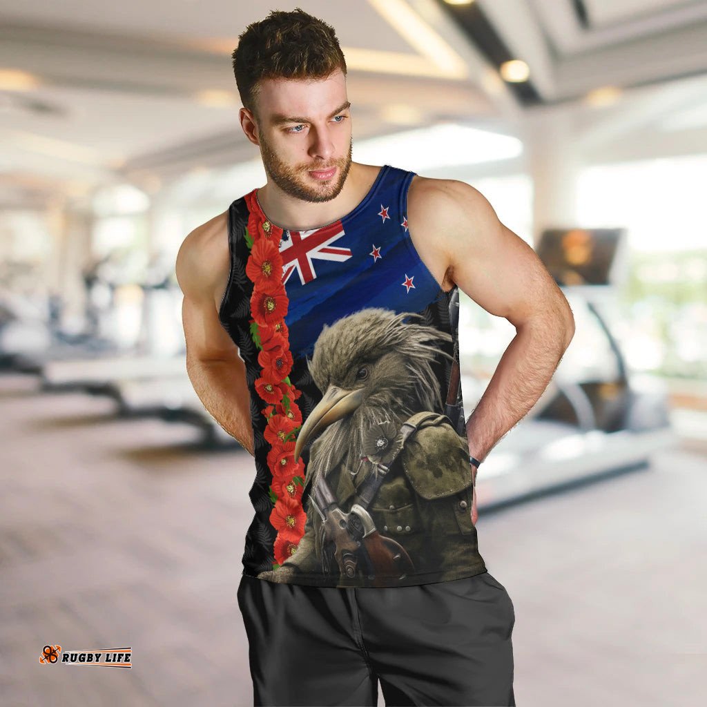 New Zealand Kiwi Soldier ANZAC Men Tank Top Red Poppy Flower and Silver Fern Pattern