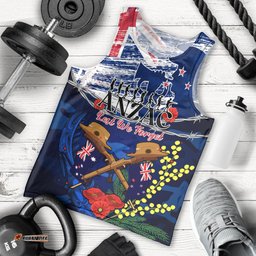 Australia And New Zealand ANZAC Day Men Tank Top Lest We Forget Silver Fern With Golden Wattle