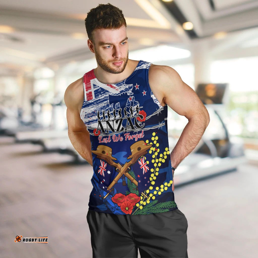 Australia And New Zealand ANZAC Day Men Tank Top Lest We Forget Silver Fern With Golden Wattle