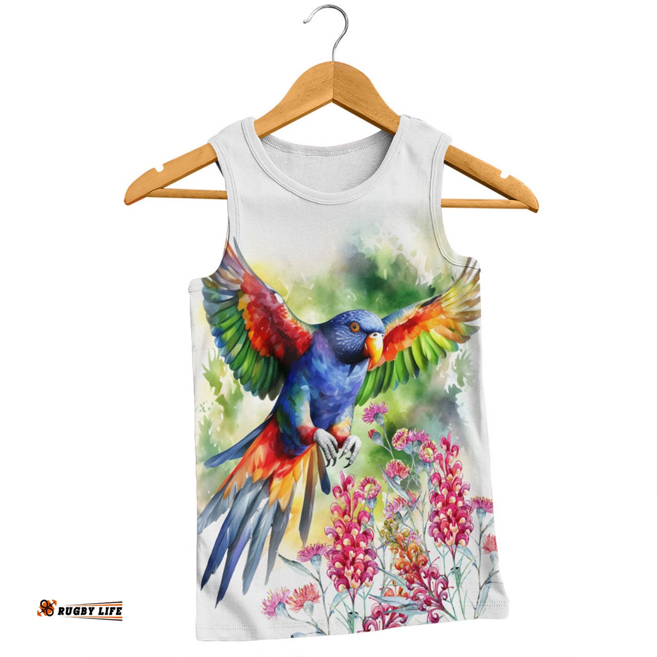 Amazing Aussie Australia Rainbow Lorikeets Rainbow Lorikeets Flying With Grevillea Flowers Art Men Tank Top