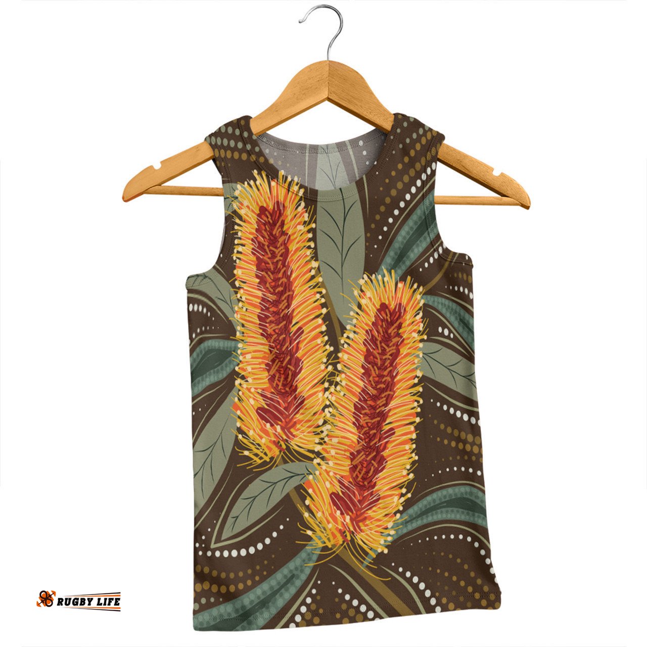 Amazing Aussie Australia Flowers Aboriginal Aboriginal Dot Art With Yellow Banksia Flower Men Tank Top