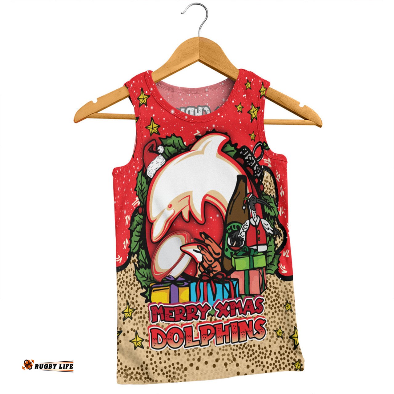 Amazing Aussie Redcliffe Dolphins Christmas Custom Merry Christmas Our Beloved Team With Aboriginal Dot Art Pattern Men Tank Top