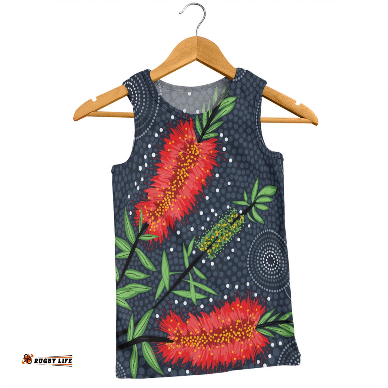 Australia Flowers Aboriginal Men Singlet - Red Bottle Brush Tree Depicted In Aboriginal Style Men Singlet