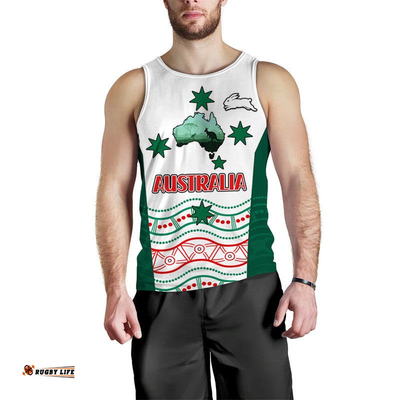 (Custom Personalised) Rabbitohs Australia Day Men Tank Top Flag Map and Aboriginal Wave