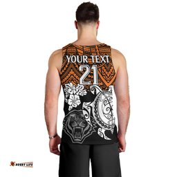 Custom Wests Tigers Rugby Men Tank Top Hibiscus and Turtle With Polynesian Pattern