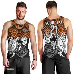 Custom Wests Tigers Rugby Men Tank Top Hibiscus and Turtle With Polynesian Pattern