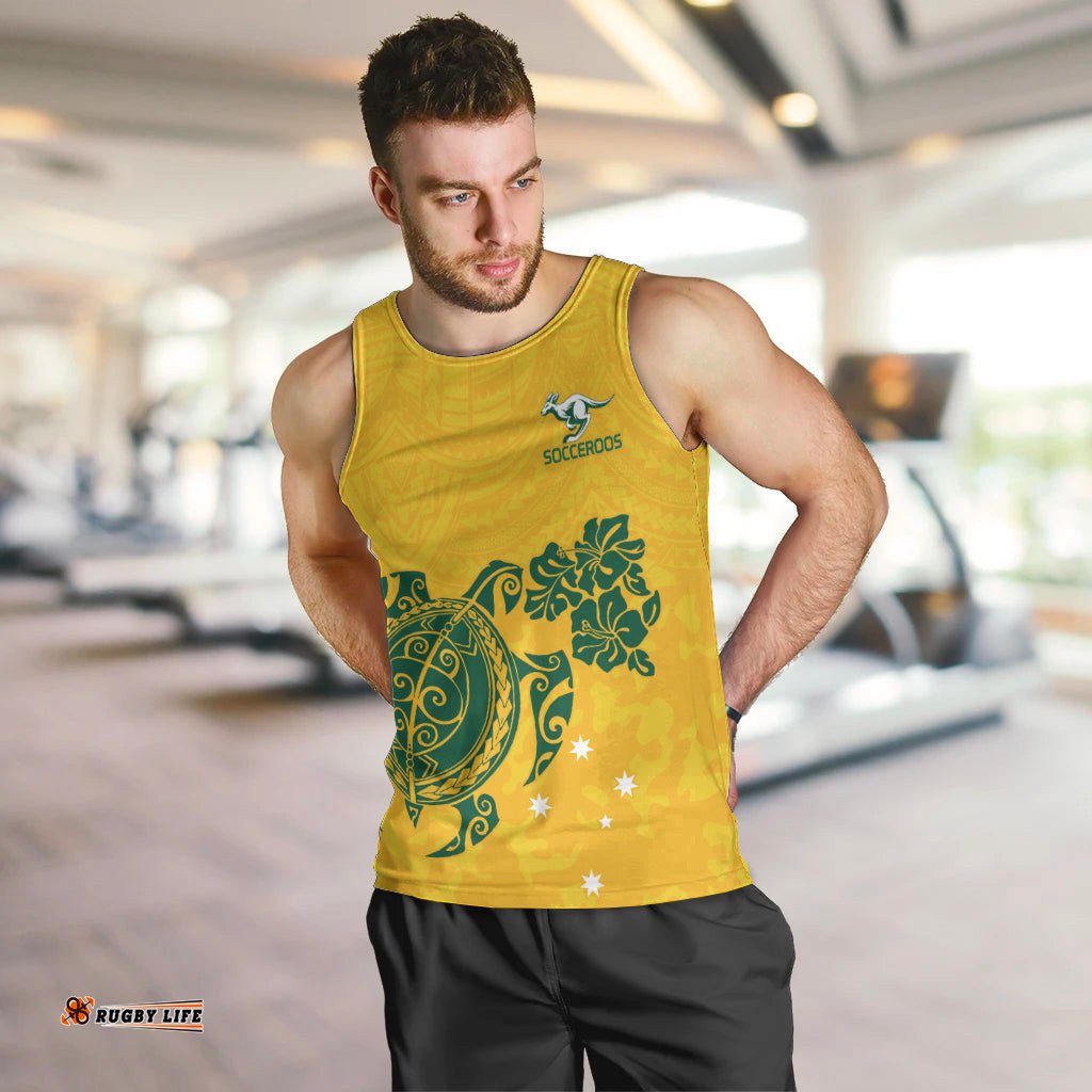 Custom Australia Soccer Men Tank Top Socceroos Hibiscus and Turtle With Polynesian Pattern