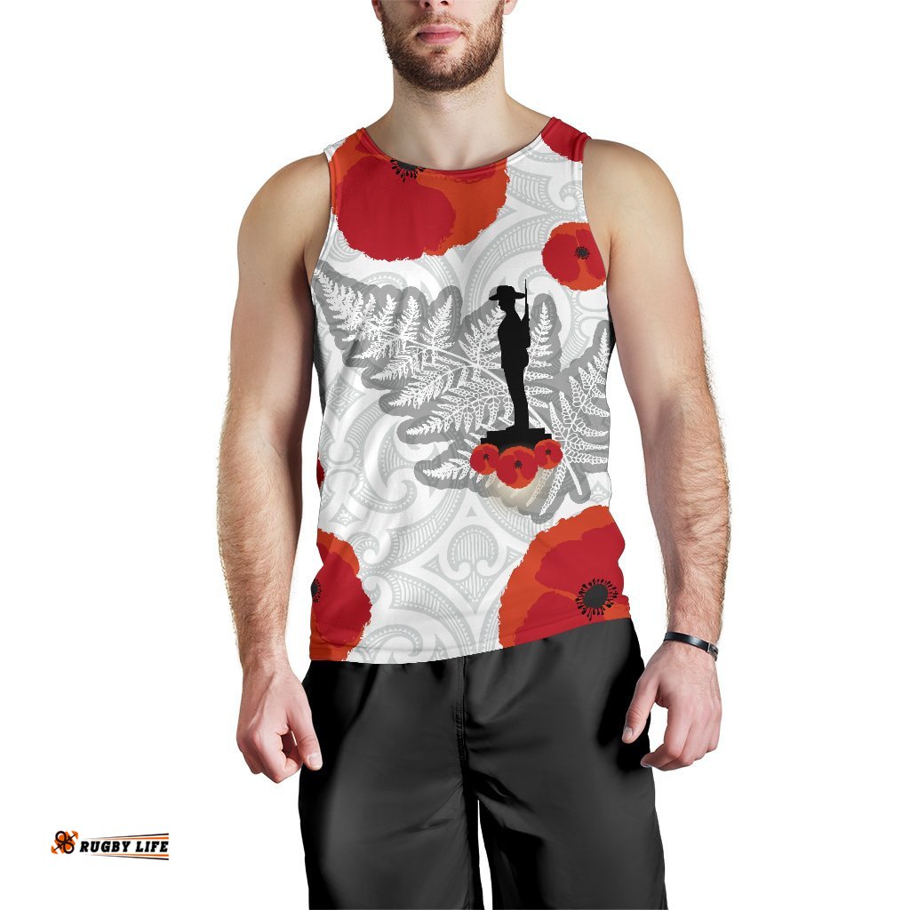Anzac Maori Men Tank Top Silver Fern Lest For Get
