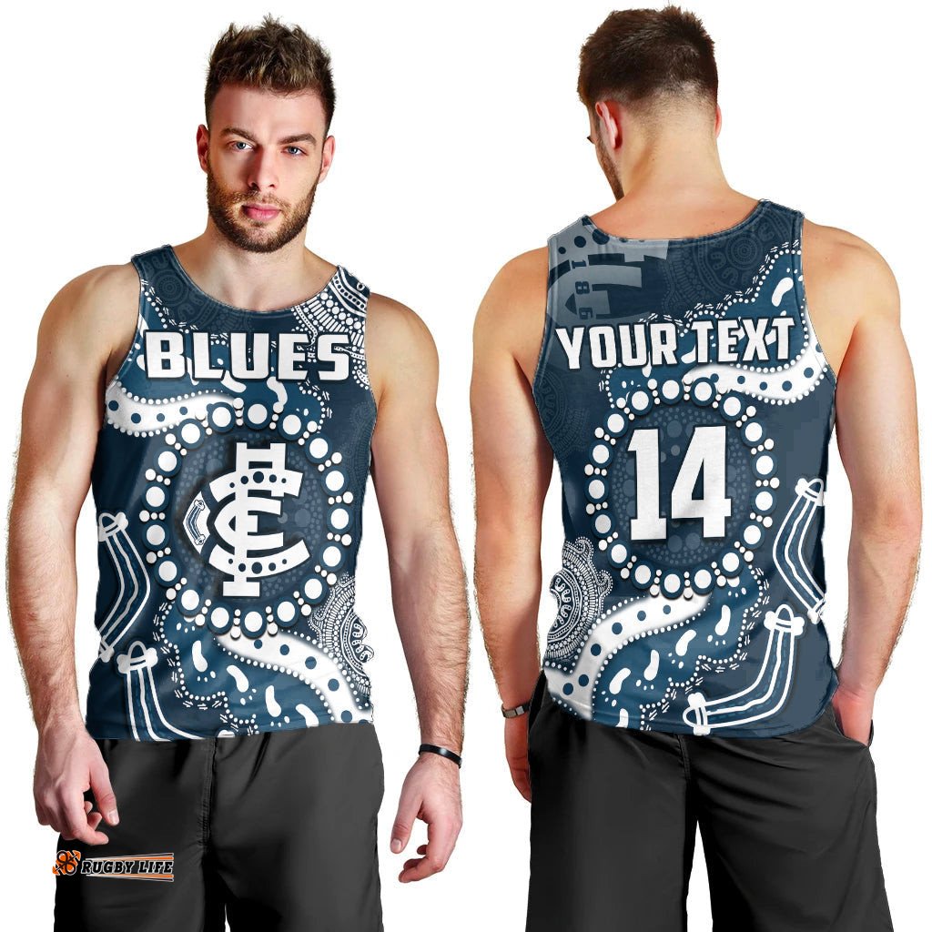 (Custom Text And Number) Carlton Football Men Tank Top Blues 1864 Boomerang Indigenous Artsy