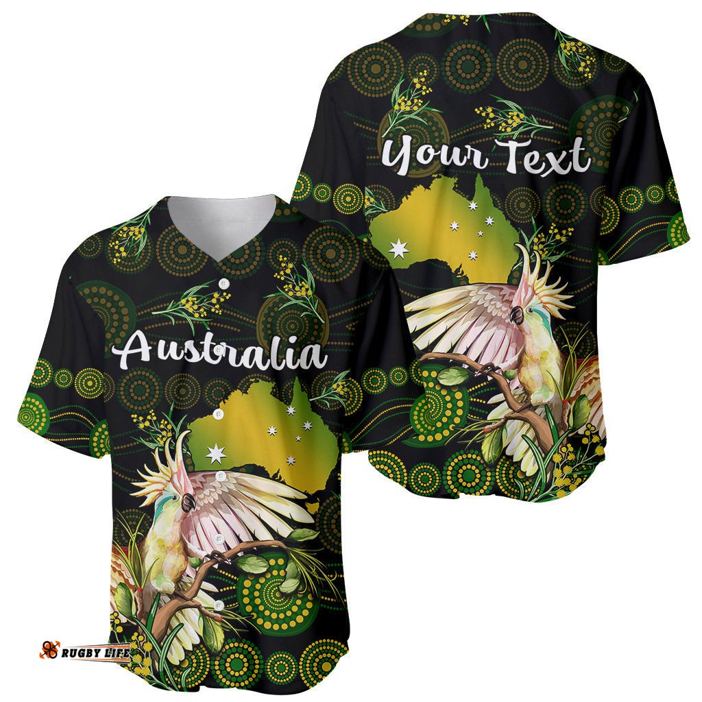 Custom Personalised Australia Baseball Jersey Shirt Golden Wattle Mix Cockatoo And Map