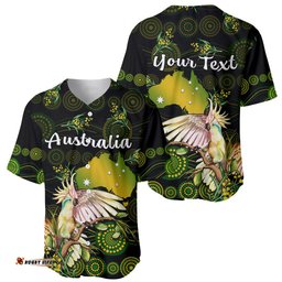 Custom Personalised Australia Baseball Jersey Shirt Golden Wattle Mix Cockatoo And Map