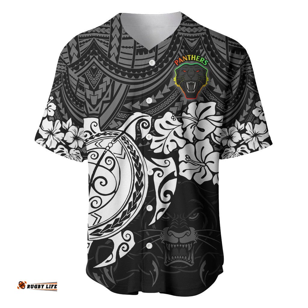 Custom Panthers Rugby Baseball Jersey Shirt Penrith Hibiscus and Turtle With Polynesian Pattern