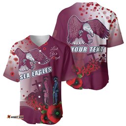 Custom Sea Eagle Rugby ANZAC Baseball Jersey Shirt The Military Soldiers with Red Poppy