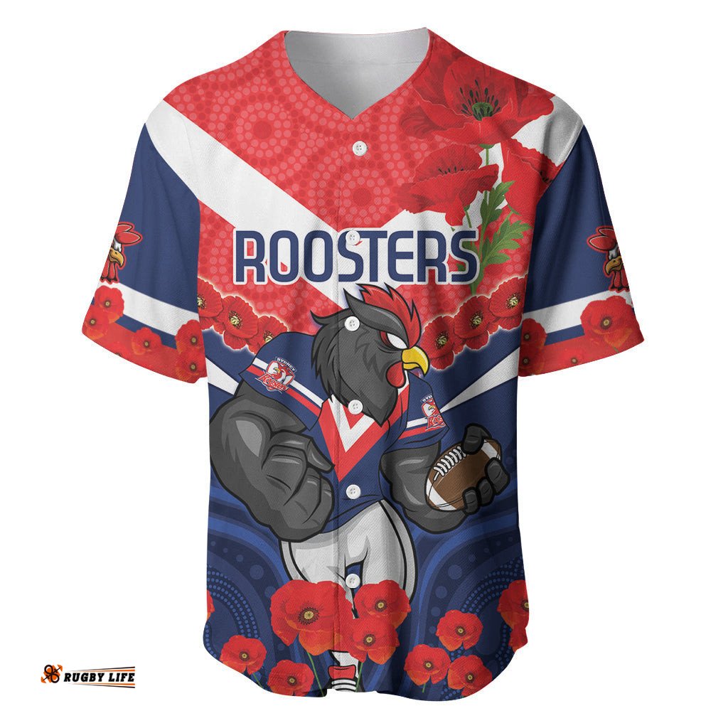 Custom Roosters Rugby ANZAC Baseball Jersey Shirt Sydney Gallipoli Soldier With Aboriginal Art