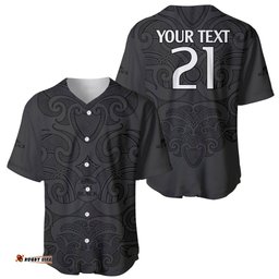 Custom Text And Number New Zealand Rugby Baseball Jersey Shirt All Black Fern with Maori Tribal Pattern